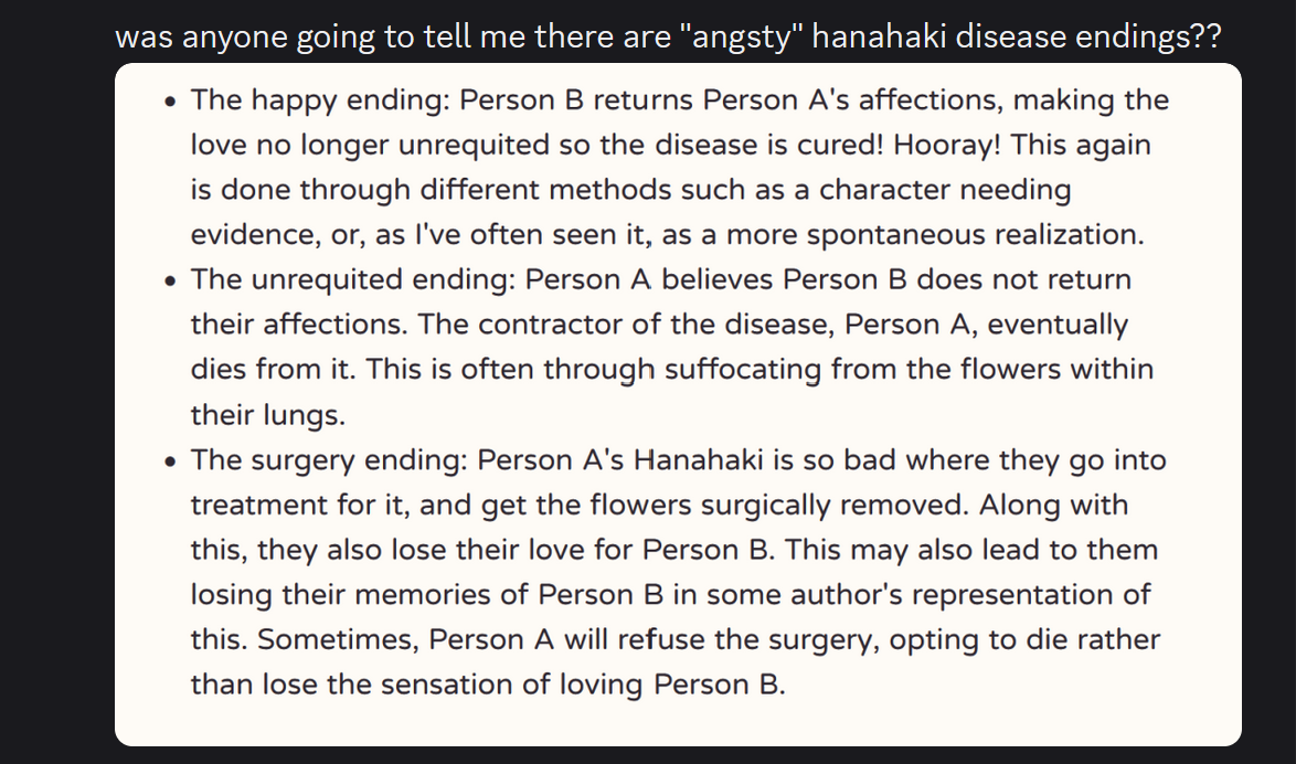 a discord message from me with the text 'was anyone going to tell me that there are angsty hanahaki disease endings??' with a screenshot attached